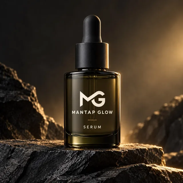 Mockup AI Mantapglow Serum di atas batu gelap